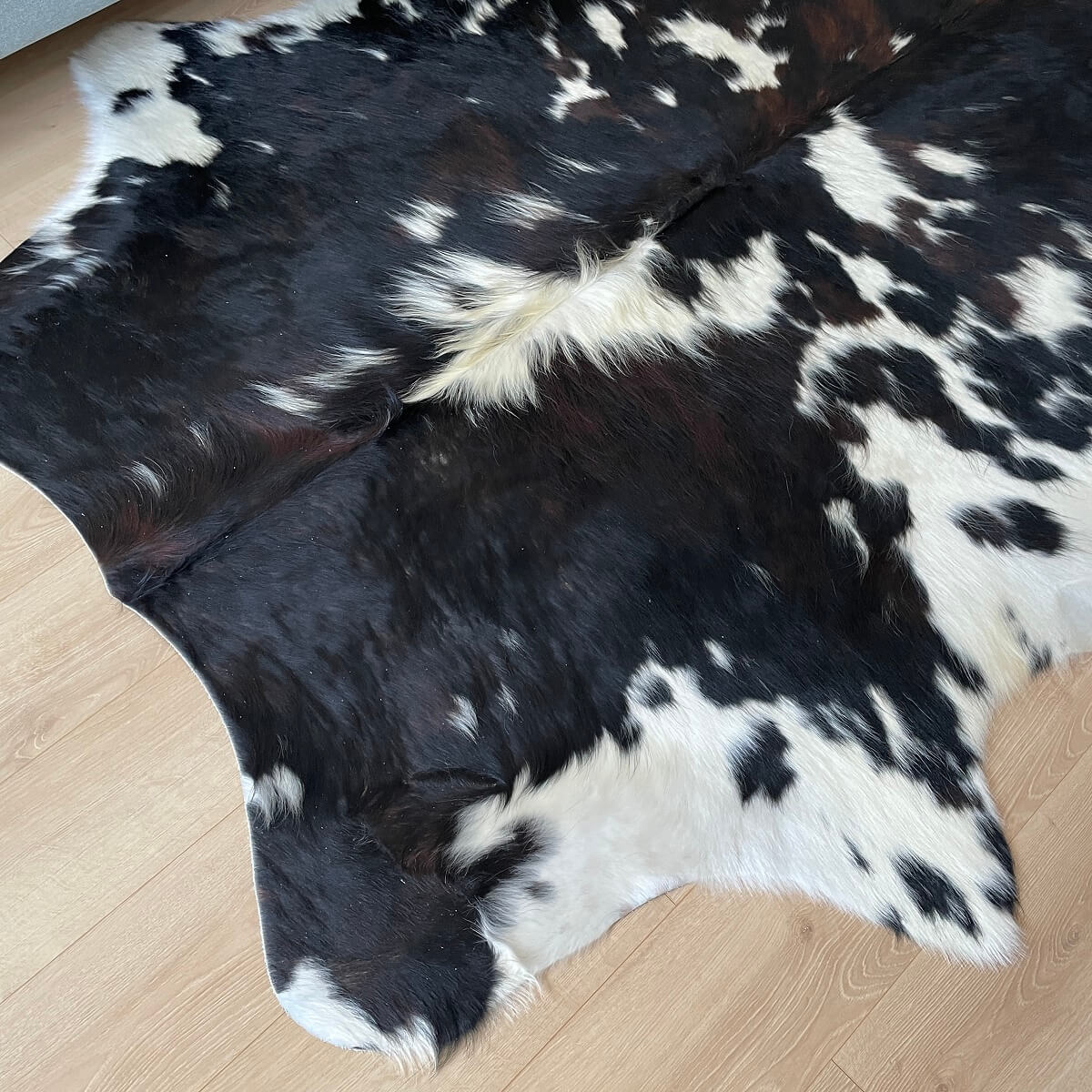 covor din piele de vaca natural tricolor cu pete alb negru si maro contrast cu parchet, mango + bloom