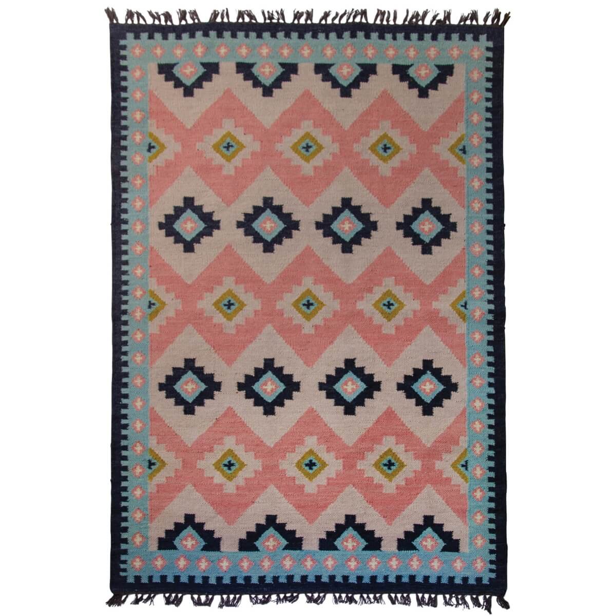 covor kilim loxi creat traditional manual pe razboaie, model diamant in nuante de roz si bleu, mango+bloom